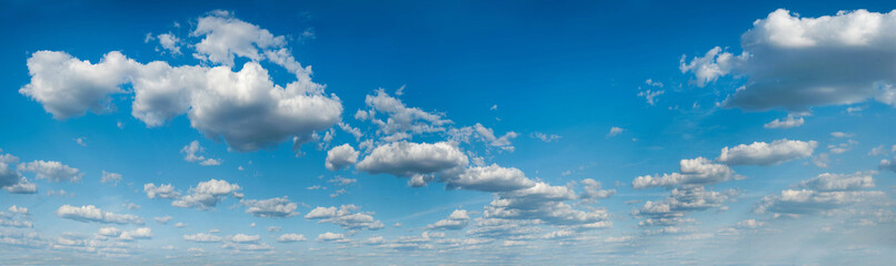 panorama of clouds against the blue sky. Background, wallpaper. Gradient transition from dark to light. Weather forecast screensaver, website, banner.