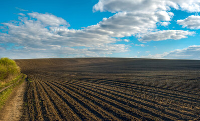 rows of plowed field in spring under a beautiful sky clouds