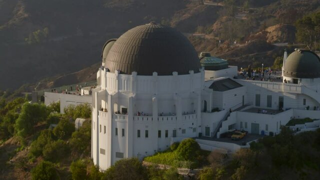 Aerial of Griffith Observatory on mountain top