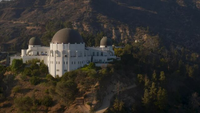 Aerial of Griffith Observatory on mountain top