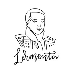 Russian poet and writer Lermontov Mikhail Yuryevich line art portrait isolated on white background for prints, greeting cards and design elements. Vector hand drawn illustration with lettering text.