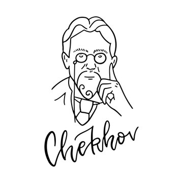 Oortrait of the writer Anton Chekhov. Famous Russian writer, prose writer, playwright, doctor. Black and white linear sketch of a hand drawn portrait. Vector line illusttartion with lettering text