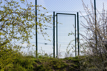 chain link fence with gate, bushes and grass in the foreground