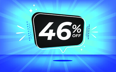 46% off. Blue banner with forty-six percent discount on a black balloon for mega big sales.
