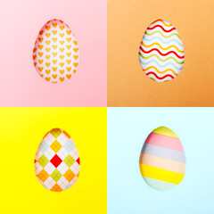 Creative art collage. Pattern of Easter colored eggs on colorful background.