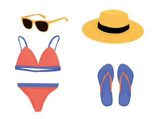 a set of things for the beach: sunglasses, straw hat, swimsuit, flip-flops. outfit for summer holidays. vector flat. isolated on white background. summertime.