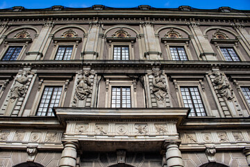 Obraz premium Looking up at the Facade of the Rear Entrance to the Royal Palace in the Gamla Stan Neighborhood of Stockholm, Sweden