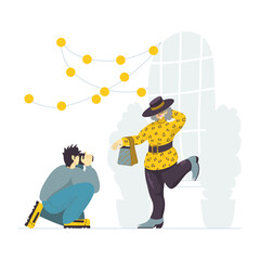 A vector illustration of an elderly female blogger posing in front of the camera. Content photoshoot for a senior influencer. Mature street style trendsetter. Active retirement. Model against agism.