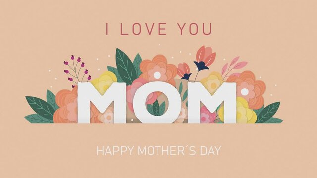 Happy mothers day i love you mom wishes and greeting card message for mom.  Cute presentation quote handwritte. Gift animation pastel colors and floral bouquet