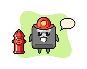Mascot character of floppy disk as a firefighter
