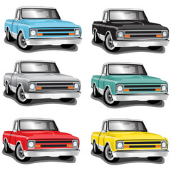 Fototapeta premium 60s' Classic Pickup Truck Vector Illustrations Set of 6 different colors 