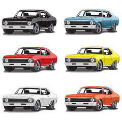 60s' Classic Vintage Muscle Car Vector Illustrations Set of 6 different colors 