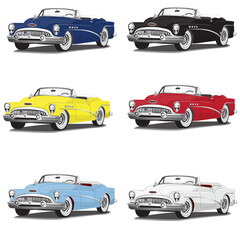 50s' Classic Vintage Muscle Car Vector Illustrations Set of 6 different colors 