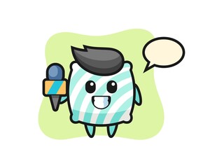 Character mascot of pillow as a news reporter