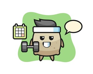 sack mascot cartoon doing fitness with dumbbell