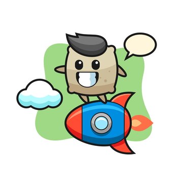 sack mascot character riding a rocket