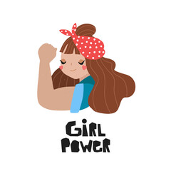 Cute powerful girl showing muscles with quote. Vector hand drawn illustration.