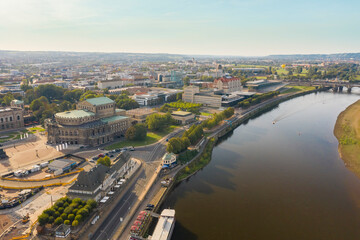 Aerial view of the Elbe with Theater square, Semper opera and the parliament congress in the...