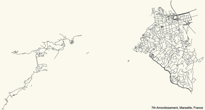 Black simple detailed street roads map on vintage beige background of the quarter 7th Arrondissement (Bompard, Endoume, Les &Icirc;les, Le Pharo, Le Roucas Blanc, Saint-Lambert, Saint-Victor) of Marseille, 