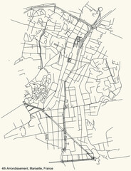 Black simple detailed street roads map on vintage beige background of the quarter 4th Arrondissement (La Blancarde, Les Chartreux, Chutes-Lavie, Cinq Avenues) of Marseille, France
