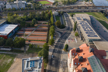 Aerial of urban abstract street crossing, park and geometric figures
