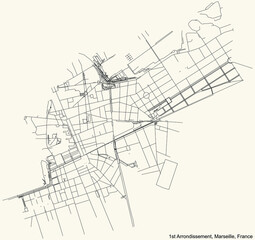 Fototapeta na wymiar Black simple detailed street roads map on vintage beige background of the quarter 1st Arrondissement (Belsunce, Le Chapitre, Noailles, Opéra, Saint-Charles, Thiers) of Marseille, France