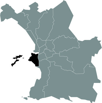 Black location map of the Marseillais 7th Arrondissement (Bompard, Endoume, Les &Icirc;les, Le Pharo, Le Roucas Blanc, Saint-Lambert, Saint-Victor) inside the French city of Marseille, France