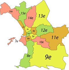 Fototapeta premium Simple pastel vector map with black borders and names of arrondissements of Marseille, France