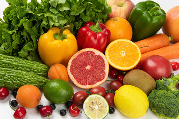 Naklejka na ściany i meble Assorted fresh ripe fruits and vegetables. Food concept background.