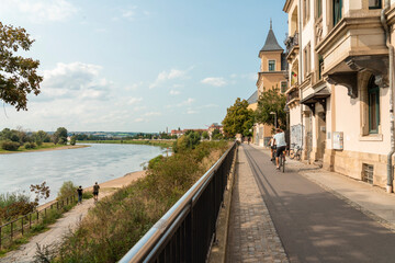 Elbe river bank in Pieschel neighborhood in Dresden