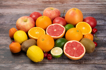 Assorted fresh ripe fruits . Food concept background.