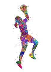 Obraz na płótnie Canvas Basketball player girl watercolor art, abstract painting. sport art print, watercolor illustration rainbow, colorful, decoration wall art. 