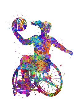 Wheelchair basketball watercolor art, abstract painting. sport art print, watercolor illustration rainbow, colorful, decoration wall art.	