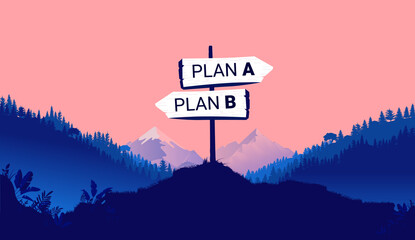 Life plan A and B - Signpost in nature landscape with text, pointing at different directions. Vector illustration. © Knut