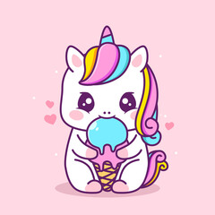 cute happy unicorn eating ice cream