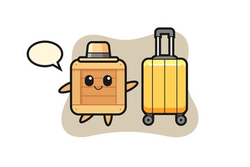 wooden box cartoon illustration with luggage on vacation