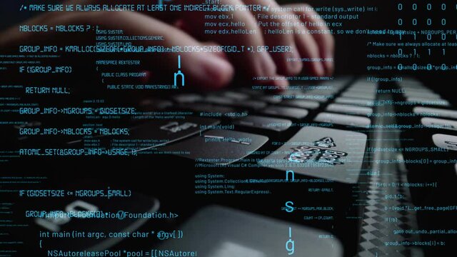 Creative visual of computer programming coding and software development shown by man working on computer keyboard with overlay of computer graphic displaying abstract program codes and computer script