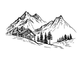 PANORAMA MOUNTAINS WITH HOUSE, HAND DRAWN STYLE, TEMPLATE DESIGN