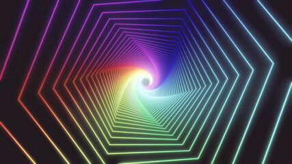 Abstract rainbow tunnel loop futuristic background. Space from glowing neon light tubes on black background. Technology, VJ concept. Tunnel interior view from a triangle. Led lamp. 3d loop animation