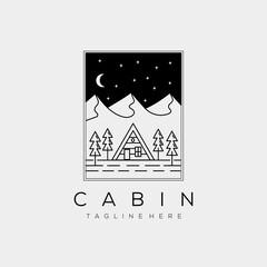 night cabin rental minimalist line art badge logo template vector illustration design. simple cottage, house, home, real estate, travel logo concept