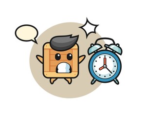 Cartoon Illustration of wooden box is surprised with a giant alarm clock