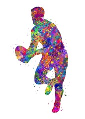 Rugby player man watercolor art, abstract painting. sport art print, watercolor illustration rainbow, colorful, decoration wall art.