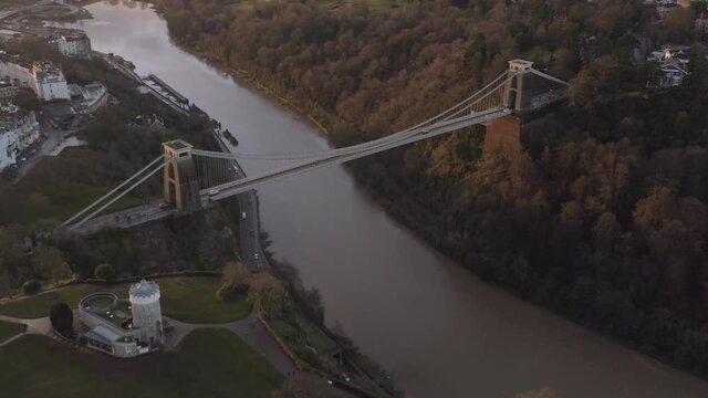 Aerial of Clifton Suspension Bridge and the Observatory over the River Avon in Bristol UK 