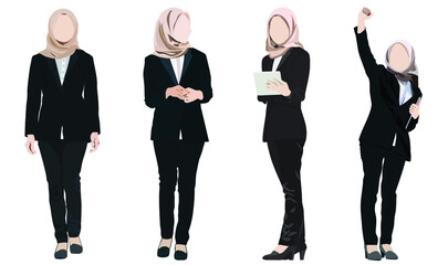 Different poses set vector illustration of young businesswoman standing  in formal dress - 425147322