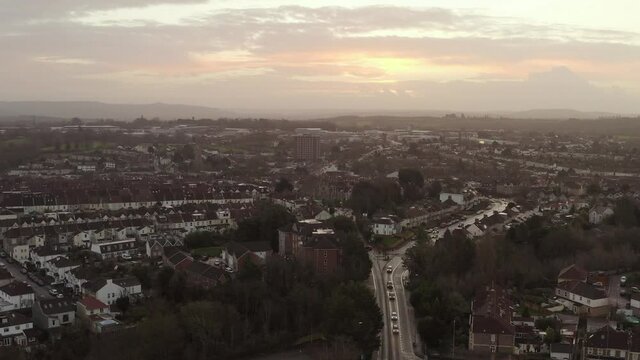 Aerial cityscape of Bath Road in South Bristol in the morning light