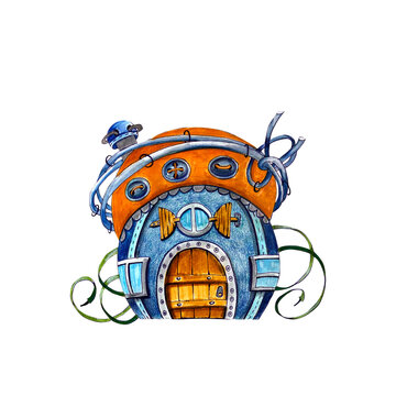 Cute blue house with orange roof in steampunk style - watercolor illustration. Cute spring house, hand-drawn in watercolor on a white background. Picture for a postcard, souvenir, decor