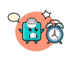Cartoon Illustration of weight scale is surprised with a giant alarm clock