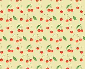 さくらんぼ　サクランボ　チェリー　背景　黄色　手描き　イラスト
