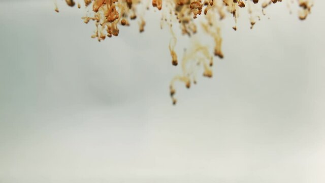 Macro shot of coffee powder being poured into hot water. The powder dissolves and the water turns black. Slow motion. Close up.