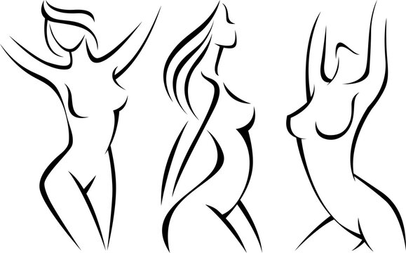 Set of female silhouettes in the style of a pencil drawing vector illustration